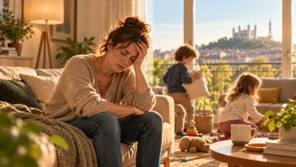 Comment éviter le craquage quand tout s’accumule : étapes clés 4 Une femme assise sur un canapé, main sur le front, deux enfants jouant près de la fenêtre