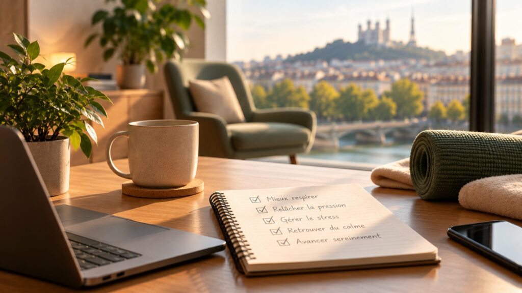 Guide pour choisir un cabinet d'hypnose et de sophrologie à Lyon 2 Un bureau avec carnet de check-list, tasse et tapis de yoga face à la ville de Lyon