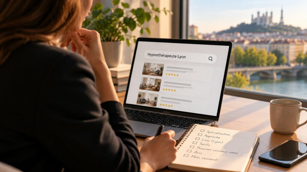 Guide pour prendre rendez-vous chez un hypnothérapeute à Lyon 7 Une personne consulte une page d'hypnothérapeute à Lyon sur un ordinateur, face à la ville au soleil couchant