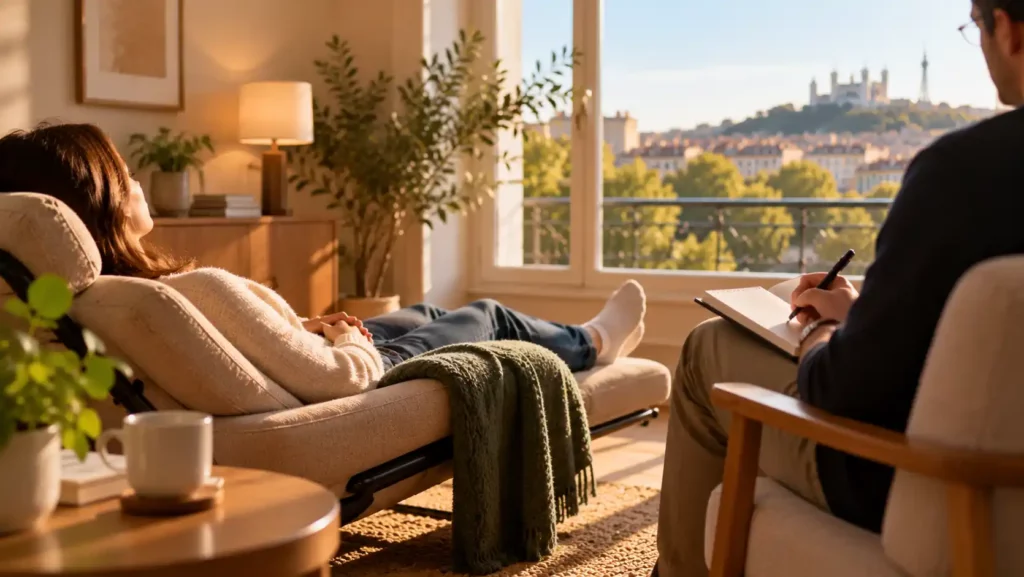 Personne installée confortablement dans un fauteuil lors d'un moment de détente