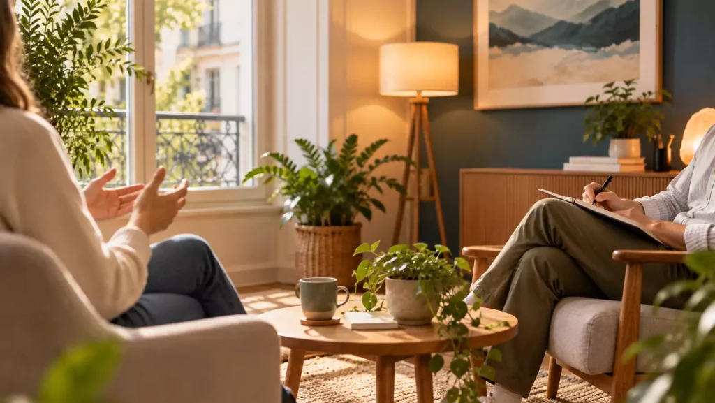 Séance individuelle de sophrologie : échange entre un praticien et une personne dans un espace calme.